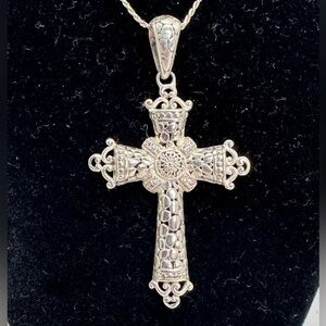 SARDA Sterling Silver CZ Large Filigree Bali Scroll Cross Pendant Necklace